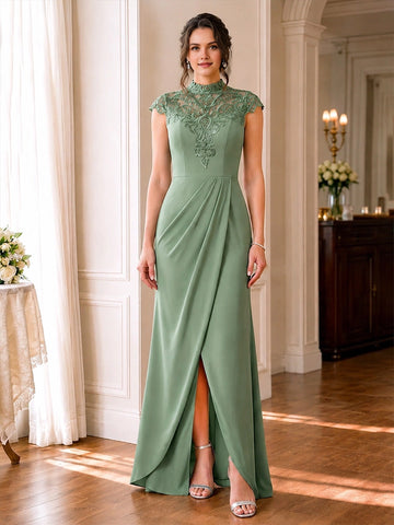 vedress sage green a line floor length mother of the bride dress high neck lace cap sleeve front slit gown