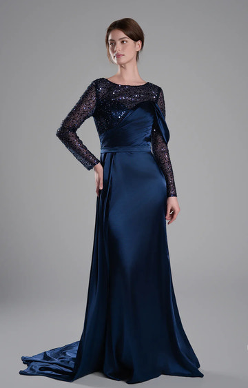 Sophisticated Mermaid Round Neck Long Sleeve Satin Floor Length Beaded Evening Dress