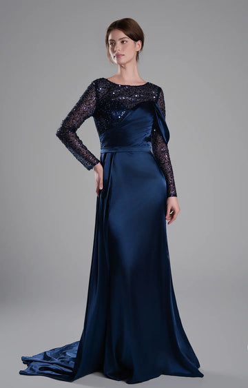 Sophisticated Mermaid Round Neck Long Sleeve Satin Floor Length Beaded Evening Dress