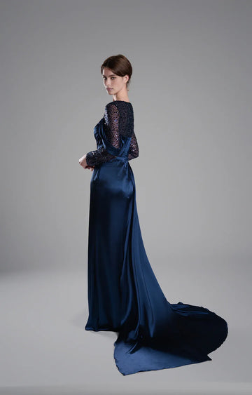 Sophisticated Mermaid Round Neck Long Sleeve Satin Floor Length Beaded Evening Dress