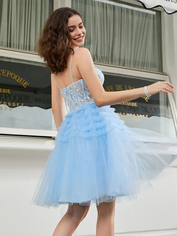 Spaghetti-Strap Beaded Tiered Tulle Short Homecoming Dress