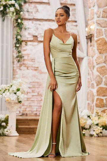 Spaghetti Strap Cowl Neck Satin Mermaid Evening Dress Slit Formal Gown