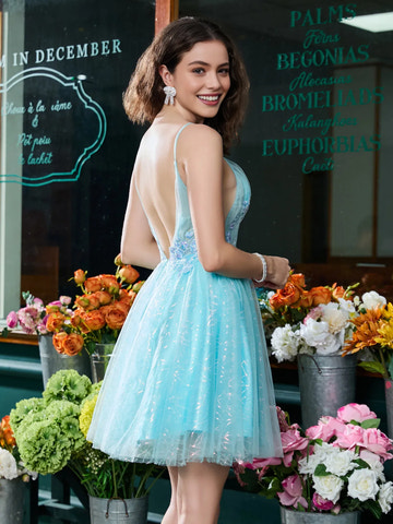 Spaghetti-Strap Floral-Applique Glitter-Tulle A-Line Short Open-Back Homecoming Dress