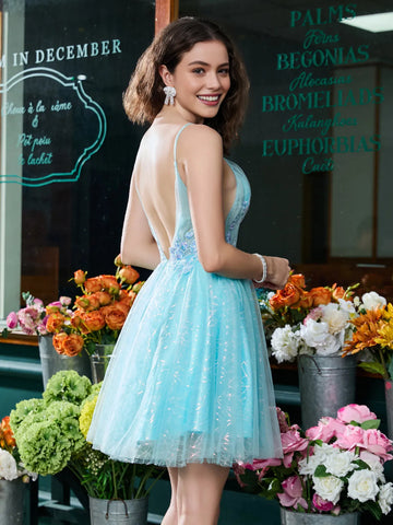 Spaghetti-Strap Floral-Applique Glitter-Tulle A-Line Short Open-Back Homecoming Dress