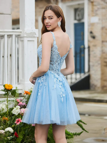 Spaghetti-Strap Floral-Lace Appliqued Glitter-Tulle A-Line Plunge Neck Short Homecoming Dress