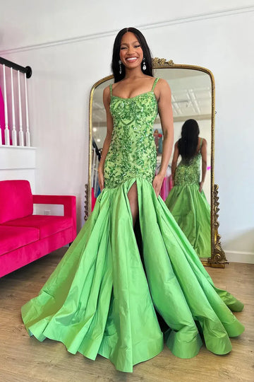 Spaghetti Strap Allover Beaded Sequin Lace Taffeta Mermaid High Slit Sweep Train Prom Evening Gown
