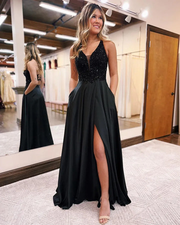 Spaghetti Strap Beaded Satin A-Line High Slit Evening Gown with Pockets