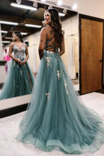 Spaghetti Strap Deep V Floral Sequin Lace Appliqué Crisscross Lace-Up Back Tulle A-Line High Slit Prom Gown