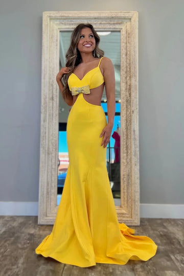 Spaghetti Strap Rhinestone Bow Waist Cutout Mermaid Formal Prom Evening Gown