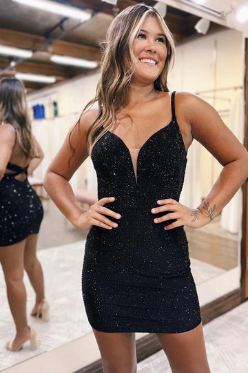 Sparkle Mini Plunge Spaghetti Strap Twist Cutout Back Homecoming Dress