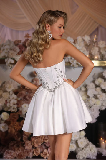 Sparkling Corset Strapless Satin Short Beaded Homecoming Dress