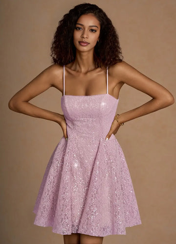 Sparkling Lace A-line Spaghetti Strap Homecoming Dress Lace-Up Back Mini Party Dress
