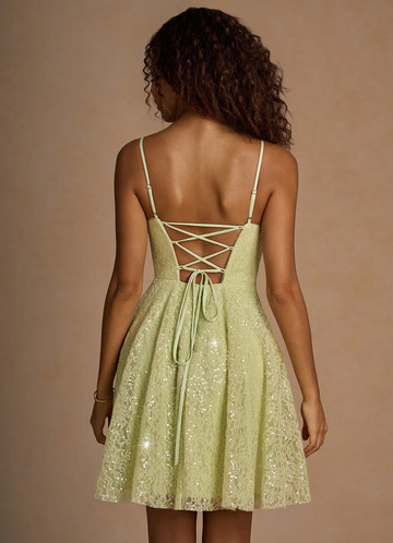 Sparkling Lace A-line Spaghetti Strap Homecoming Dress Lace-Up Back Mini Party Dress