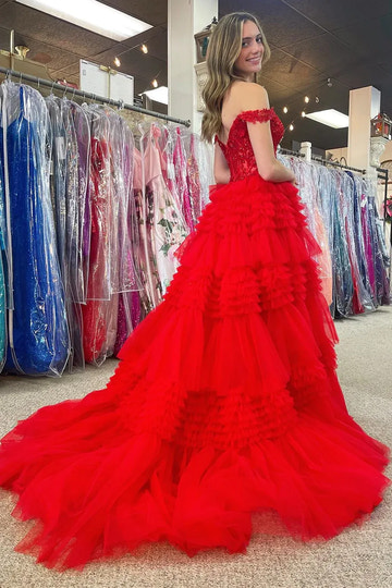 Sparkling Lace Off-Shoulder Ball Gown Floor-Length Prom Dress
