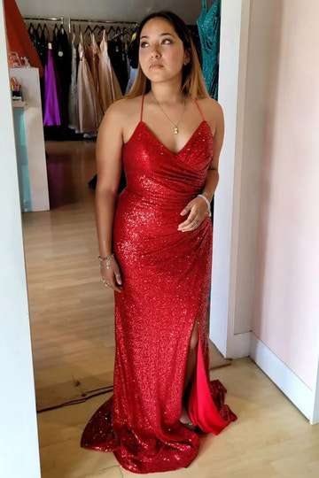 Sparkling Sequin Mermaid V-Neck Sleeveless Lace-Up Floor-Length Prom Gown