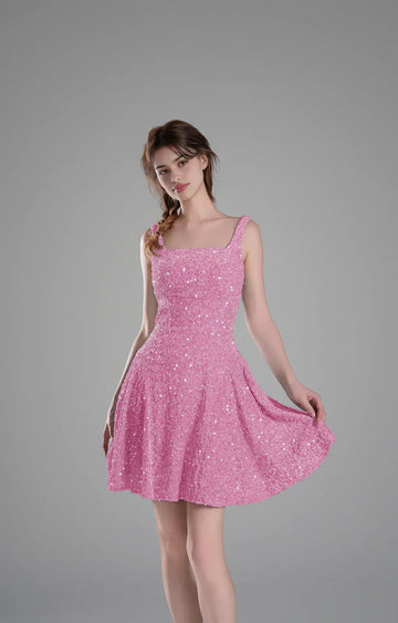 Sparkly Aline SquareNeck Sequin Short Flare Mini Homecoming Dress