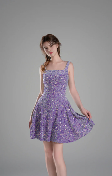 Sparkly Aline SquareNeck Sequin Short Flare Mini Homecoming Dress