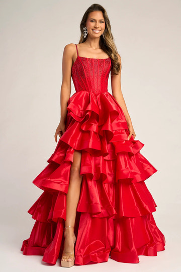 Glamorous Square Neck Satin Rhinestone Tiered Ball Gown Prom Dress With Slit