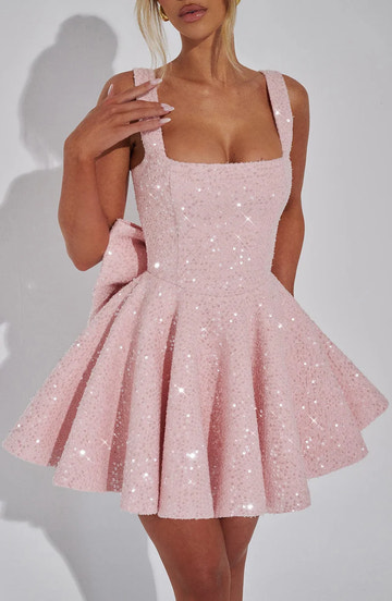 Elegante vestido de cóctel/fiesta de regreso a casa con lentejuelas, corte A, escote cuadrado y minilazo