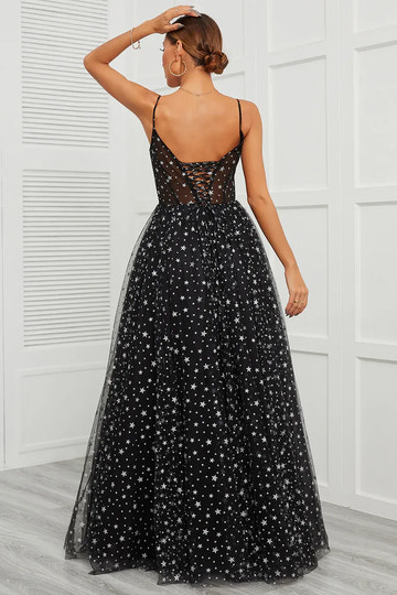 Vestido de fiesta de tul con estampado de estrellas, escote corazón, sin mangas, con cordones, hasta el suelo