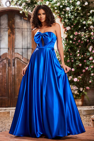 Vestido de fiesta largo de raso sin tirantes con lazada frontal y falda en A