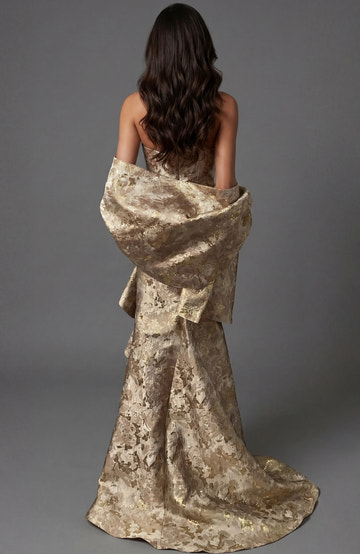 Luxe Sculpted Strapless Brocade Maxi Gown Formal Evening Dress With Draped Side