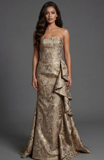 Luxe Sculpted Strapless Brocade Maxi Gown Formal Evening Dress With Draped Side