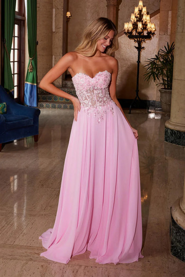 Vestido de Noche A-Line con Corsé, sin Tirantes, de Gasa, Encaje, Cuentas y Flores Intrincadas para Fiesta de Graduación