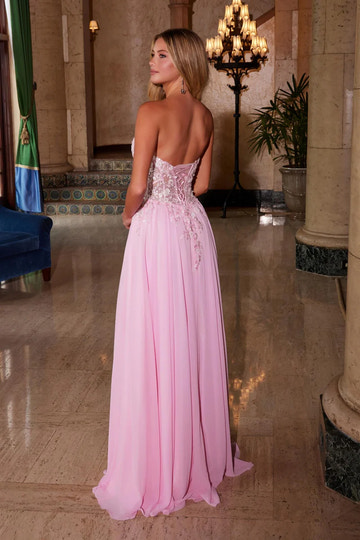 Vestido de Noche A-Line con Corsé, sin Tirantes, de Gasa, Encaje, Cuentas y Flores Intrincadas para Fiesta de Graduación