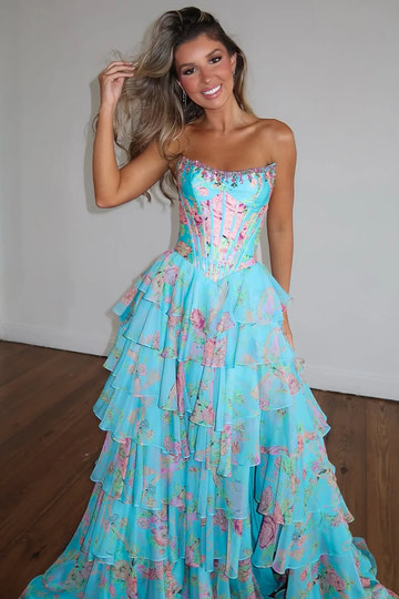 Vestido de fiesta con cuello scooped, corte A, cuentas florales, gasa a capas y abertura alta