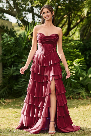 Strapless Cowl Corset Tiered Chiffon Slit Maxi Dress A-line Prom Dress