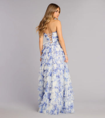 A-line Princess Elegant Strapless Floral Tulle Layered High Slit Maxi Prom Dress