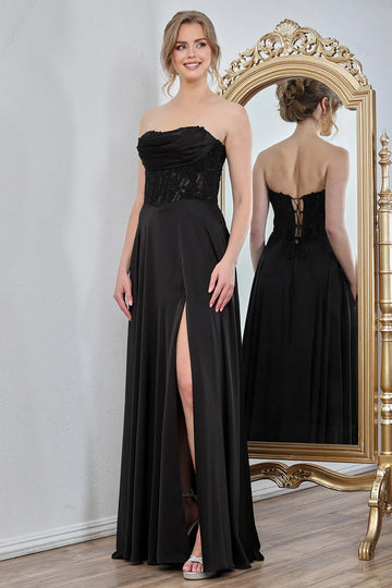 Strapless Satin Lace Corset High Slit A-Line Formal Corset Gown Prom Dress With Pockets