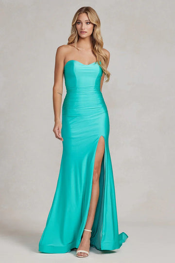 Elegant Strapless Satin Ruched Cutout High Slit Mermaid Formal Fitted Prom Dress