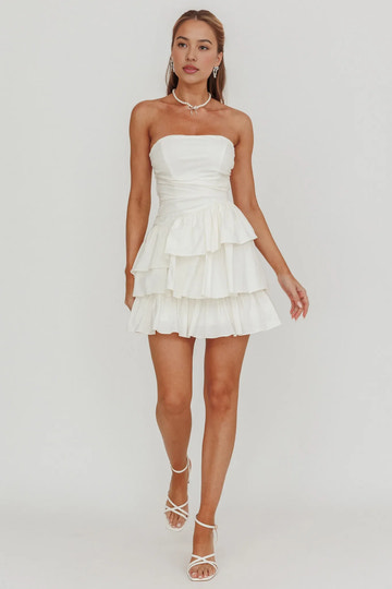 Cute A-line Tiered Strapless Sleeveless Party Dress Mini Homecoming Dress With Ruched Back
