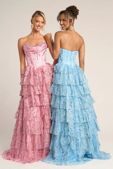 Elegant Strapless Tulle Floor-Length Tiered A-Line Gown Prom Dress