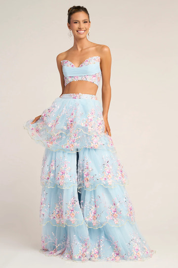 Glamorous Strapless Tulle Floral Embroidered Two-Piece Prom Dress With Slit