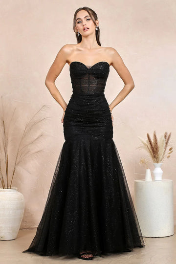 Strapless Tulle Glitter Ruched Mermaid Gown Long Formal Prom Dress