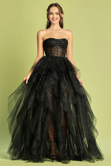 Glamorous Strapless Tulle Glitter Tiered Formal Corset Ball Gown Prom Dress