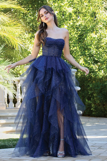 Vestido de gala de fiesta con corsé formal, sin tirantes, de tul brillante y falda escalonada