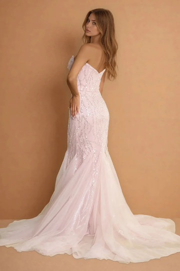 Elegante Vestido Formal de Gala Sirena sin Tirantes de Tul con Lentejuelas y Cuentas