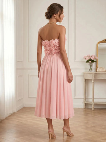vedress blush strapless open back bridesmaid dress chiffon midi a‑line formal gown back view