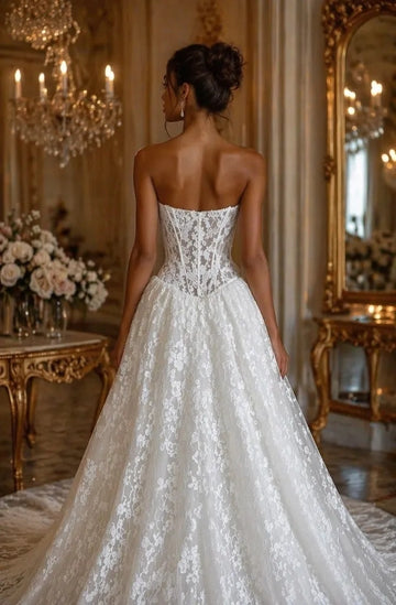 Romantic A-Line Strapless Sleeveless Corset Back Chapel Train Wedding Dress