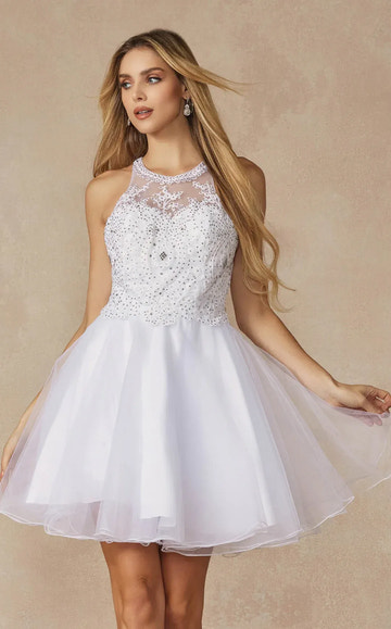 Stunning A-Line Halter Sleeveless Tulle Short Beaded Homecoming Dress