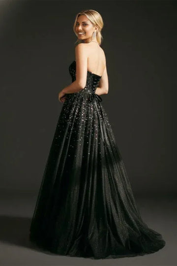 Stunning A Line Sweetheart Neck Tulle Floor Length Sequin Maxi Dress