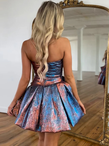 Stunning ALine Strapless Metallic Short Ruched Big Bow Homecoming Dress
