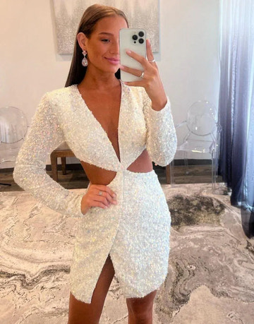 Stunning Bodycon DeepV LongSleeve Sequin Cutout Slit Short Homecoming Dress