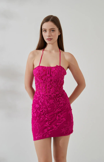 Stunning Bodycon Halter Lace Applique Mini Corset Homecoming Dress