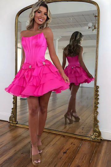 Stunning Cute A-line Sweetheart Sleeveless Satin Homecoming Dress Mini Rhinestone Bow Cocktail Dress