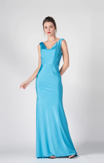 Stunning Mermaid Cowl Neck Sleeveless Satin Floor Length Deep V Back Evening Dress